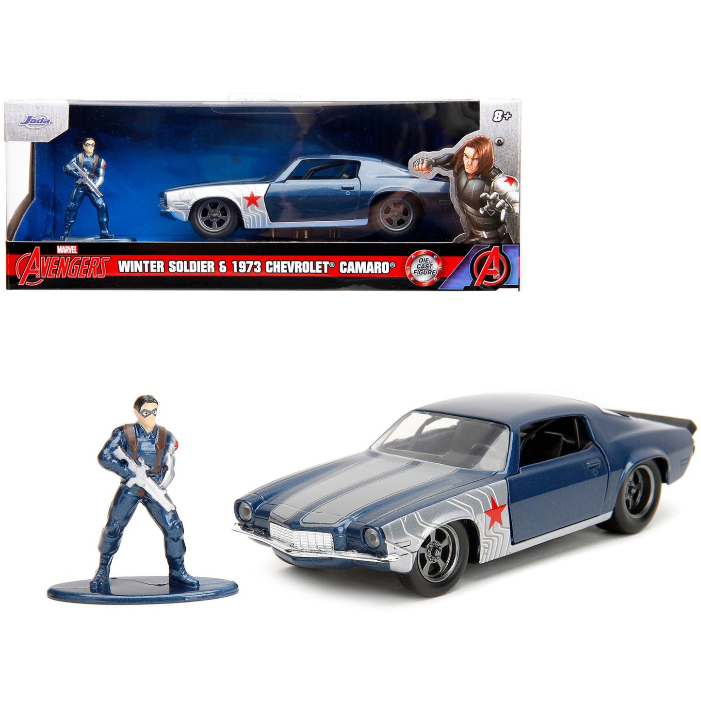 1973 Chevrolet Camaro Dark Blue Metallic With Gray Stripes And Winter Soldier Diecast Figure ''Marvel Avengers'' ''Hollywood Rid