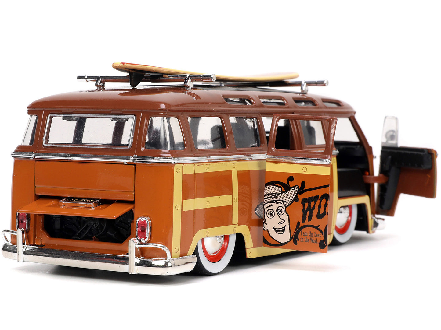 Volkswagen T1 Bus Brown With Graphics ''Sheriff Woody'' And Woody Diecast Figure And Surfboard ''Toy Story'' (1995) Movie ''Holl