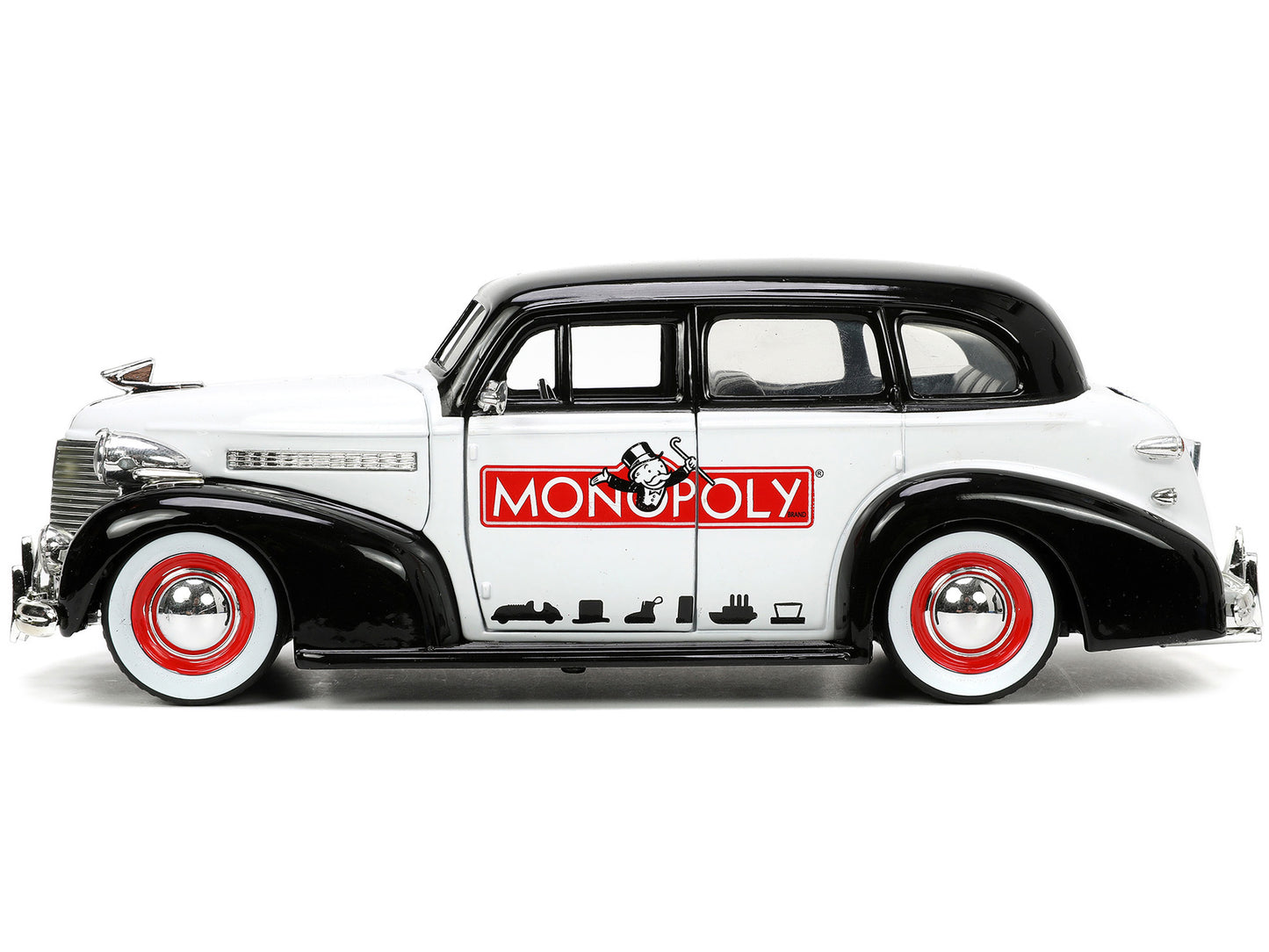 1939 Chevrolet Master Deluxe Black And White ''Monopoly'' And Mr. Monopoly Diecast Figure ''Hollywood Rides'' Series 1/24 Diecas