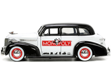 1939 Chevrolet Master Deluxe Black And White ''Monopoly'' And Mr. Monopoly Diecast Figure ''Hollywood Rides'' Series 1/24 Diecas