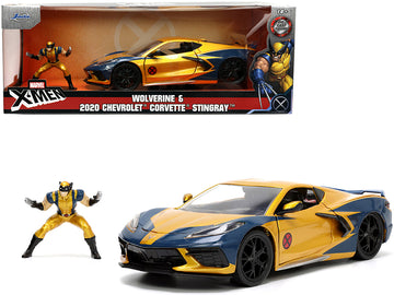 2020 Chevrolet Corvette C8 Stingray Gold Metallic And Dark Blue And Wolverine Diecast Figurine ''X-Men'' ''Marvel'' Series ''Hol