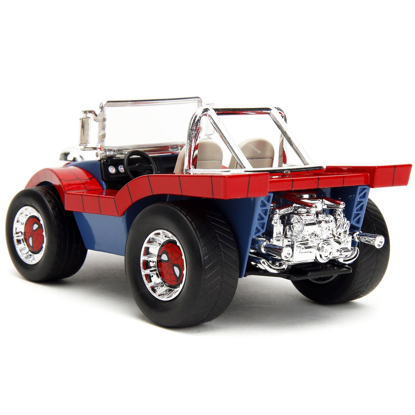 Dune Buggy Red and Blue with Graphics and Spider-Man Diecast Figure Marvel Spider-Man 1/24 Diecast Model Car by Jada