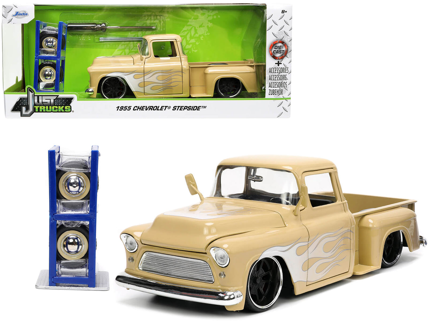 1955 Chevrolet Stepside Pickup Truck Tan With White And Silver Flames With Extra Wheels ''Just Trucks'' Series 1/24 Diecast Mode
