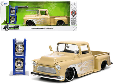 1955 Chevrolet Stepside Pickup Truck Tan With White And Silver Flames With Extra Wheels ''Just Trucks'' Series 1/24 Diecast Mode