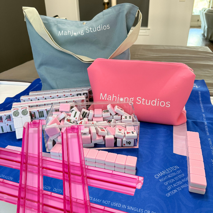 American Mahjong Set 166 Tiles - Mahjong Bundle - Blue & Tan Bag Blue Mat 2-color Pink Tiles