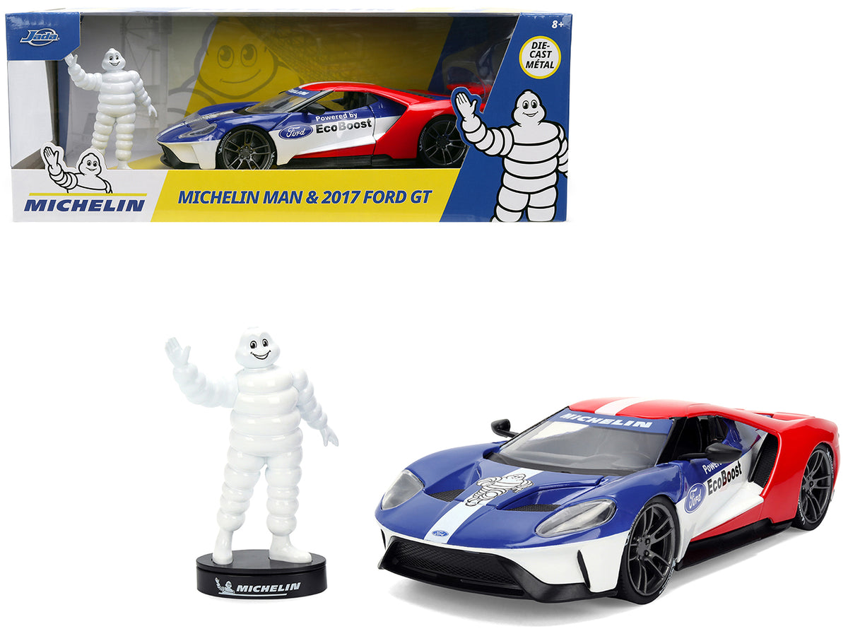 2017 Ford GT Blue and Red with White Stripes with Michelin Man Diecast Figure inchMichelin Tiresinch inchHollywood Ridesinch Series 1/24 Diecast Model Car by Jada