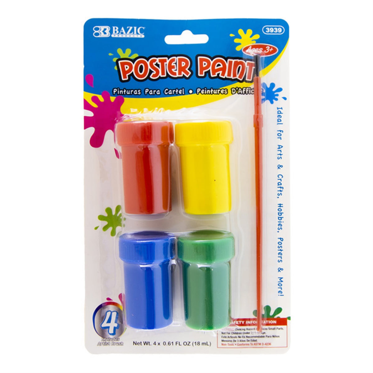 BAZIC 0.6 FL OZ (18 mL) 4 Color Poster Paint w/ Brush / Box Qty  24