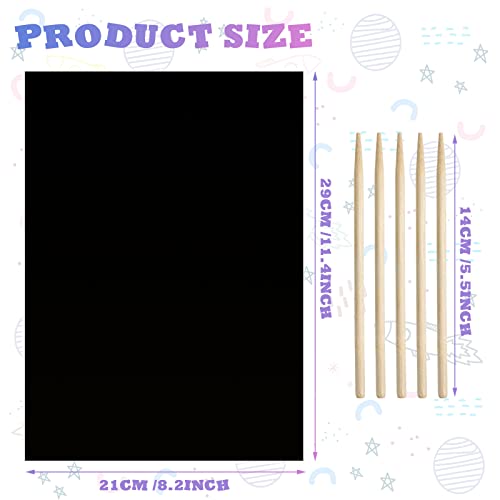 Gersoniel 100 Pieces Scratch Paper Art Set Craft Kits Black Coated Scratchboard Black Scratch Off Paper with Wooden Stylus for V