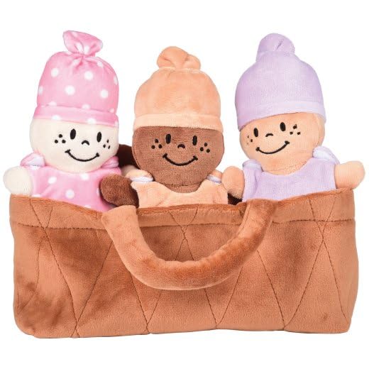 Creative Minds Basket Of Babies With 3 Super Soft 9' Plush Doll Toys For Babies And Kids, Plush Multicultural Sensory Babies Toy Set With Basket, Orange, Purple, Pink
