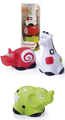Miniland First Senses 3 Play Pets, Pure Natural Rubber Baby Teether, Soft Latex Toddler Bath Toy Fun, 6 Months To 2 Years, Easy Grip, Multi-Sensory Animals, Visual Patterns, Shapes, Soothing Teething