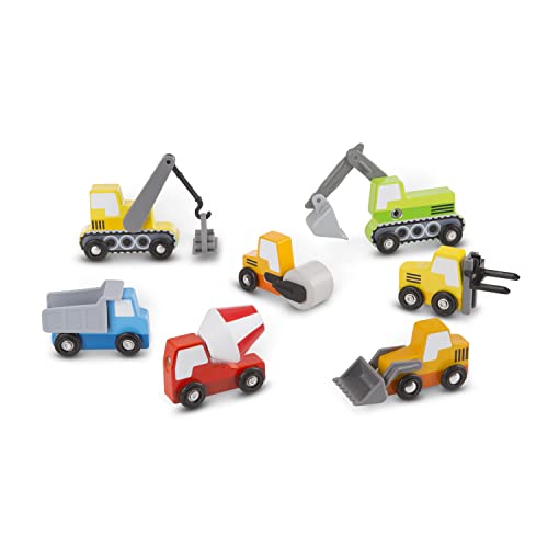 Melissa & Doug Wooden Construction Site Vehicles With Wooden Storage Tray (8 Pcs) Construction Toys, Vehicle Toys, Cars For Toddlers And Kids Ages 3+