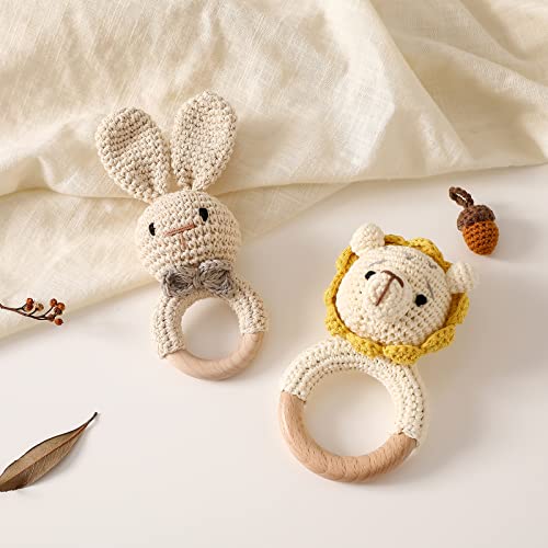 Wooden Baby Rattle Crochet Bunny and Lion Baby Toys Handmade Newborn Toy Early Development Grips Stuffed Animal Organic Rattle (