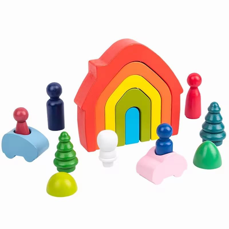Toyartsy Wooden Rainbow Stacker With 7 Peg Dolls, Wooden Stacking Toy Round Stacking Wooden Block Rainbow Stacker With Peg Dolls