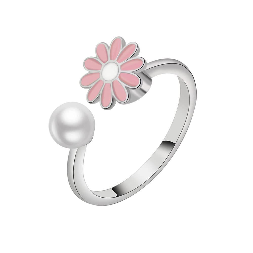 COLORFUL BLING Delicate Silver Cubic Zirconia Daisy Flower Butterfly Fidget Anxiety Rings for Women Adjustable Open Sunflowers E