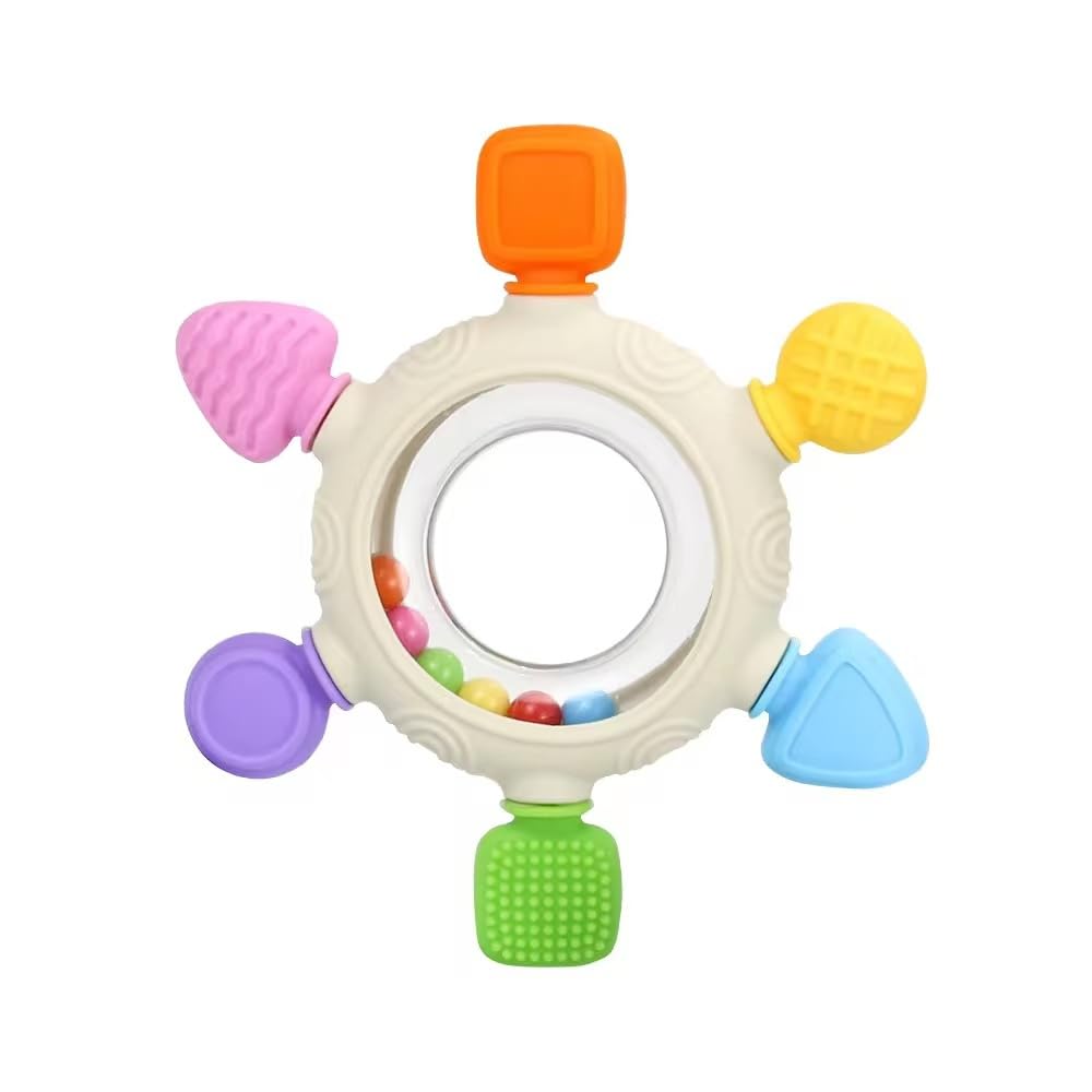 Silicone Baby Teething Ring with Rattle Beads - Multi-Textured BPA-Free Teether for Infants 3+ Months, Freezer Safe Chew Toy for