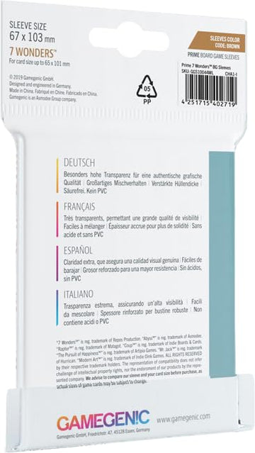 Prime Board Game Sleeves | Pack of 80 Extra-Clear Sleeves | 67 by 103 mm Card Sleeves Optimized for Use with 7 Wonders | enhanced Card Protection | FFG Brown Color Code | Made by Gamegenic