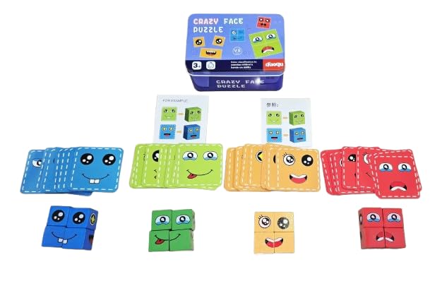 BSB Prime  Crazy Face Puzzle Game for Kids  Smiley Emoji Wooden Blocks with 72 Challenge Cards  Educational Emotion Recogniti