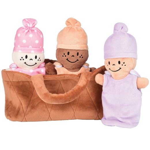 Creative Minds Basket Of Babies With 3 Super Soft 9' Plush Doll Toys For Babies And Kids, Plush Multicultural Sensory Babies Toy Set With Basket, Orange, Purple, Pink