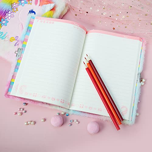 YOYTOO Unicorn Diary for Girls with Lock and Keys, Plush Unicorn Journal Notebook for Kids, Secret Lock Diary with 160 Lined Pag