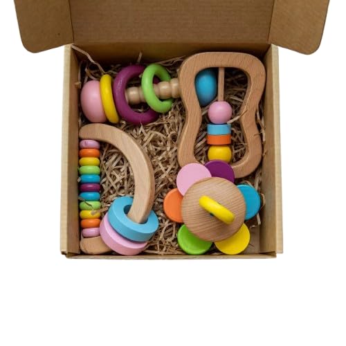Curvear Wooden Baby Rattle Toys 100% Non Toxic Wooden Toys Soft & Safe Sensory Toys For Newborns & Infants BpaFree, Easy To Hol