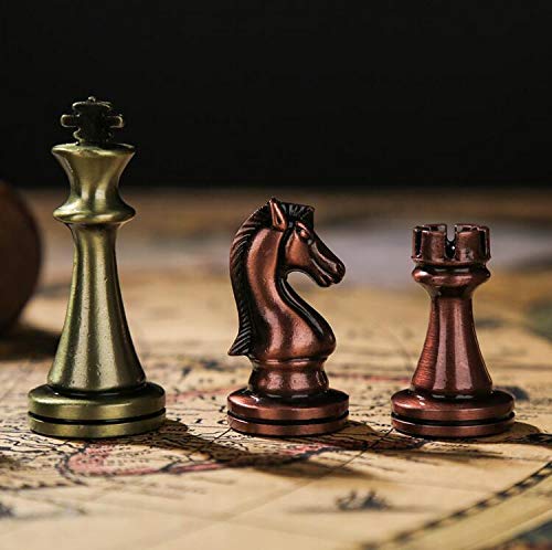 Agirlgle Retro Metal Chess Set - Folding Wooden Board, Classic Handmade Pieces, Bronze Finish - Ideal for Kids & Adults