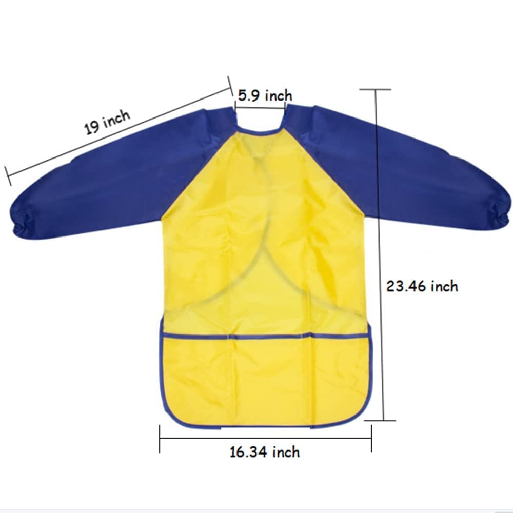 CUBACO Kids Painting Apron - Waterproof Art Smocks, Long Sleeve, 3 Pockets, Size Medium, Blue & Yellow, for Children 3-8 Years