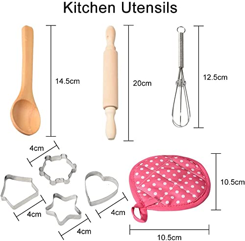 Chef Set for Kids,11pcs Kitchen Costume Role Play Kits, Girls Apron with Chef Hat,Cooking Mitt and Cookie Cutters (Rose red)