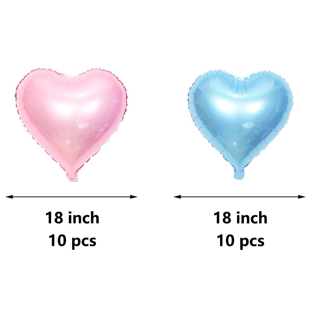 AnnoDeel 20pcs Blue Pink Heart Foil Balloons, 18inch Blue Heart Balloon and Pink heart Mylar Balloons for Love Heart Balloon Val