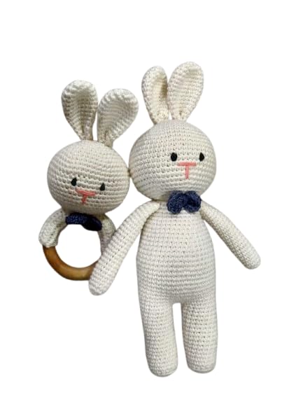 Wiqqes Wooden Baby Bunny Rattle&Crochet Doll Plush Stuffed Rabbit Animals Toy For Newborn Baby 3 Months To 3 Year Handmade Infan