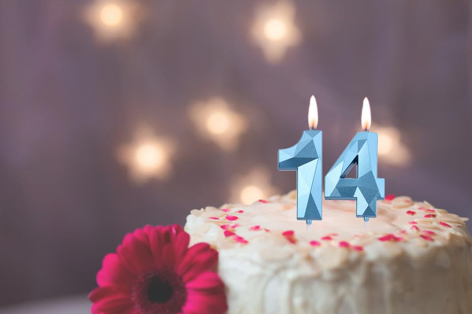 2 inch Blue 14 & 41 Birthday Candles, 3D Diamond Number 14th & 41st Cake Topper for Boys Girls Birthday Party Decorations Theme
