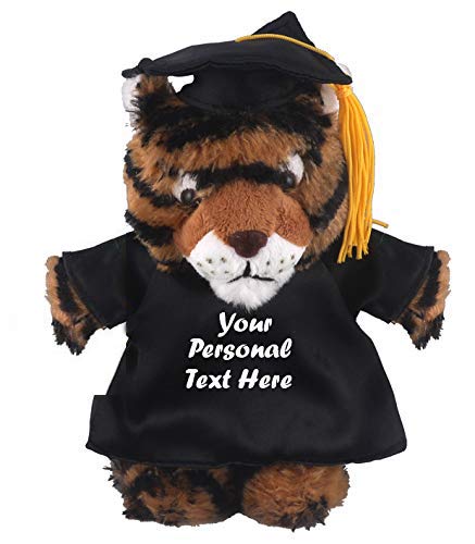 Plushland Plush Stuffed Animal Toys 8 Inches Present Gifts for Graduation Day  Personalized Text  Name or Your School Logo on Gown  Best for Any Grad School Kids (Graduation Tiger Black Gown)