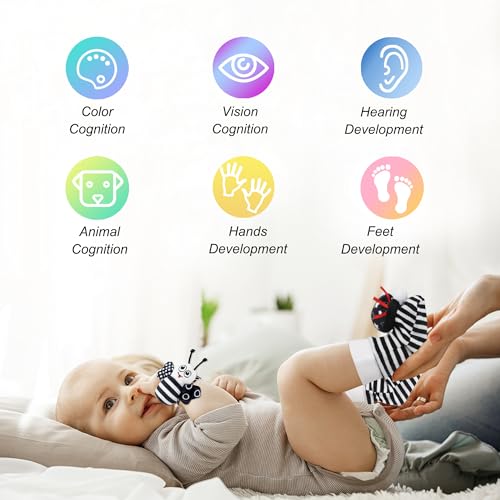 Wrist Rattle Foot Finder Sock for 0-36 Months Baby Boys and Girls, Newborn Baby Soft Hand & Feet Rattle 0-3 Years, Black and Whi
