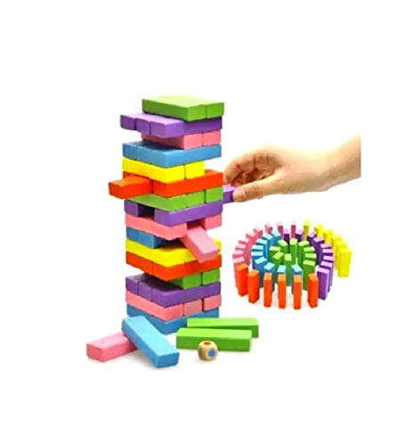 Funblast Multi Coloured 48 Pcs Blocks 4 Dices Wooden Building Stacking Toys | Wooden Tumbling Tower Game Toy For Kids, Adults