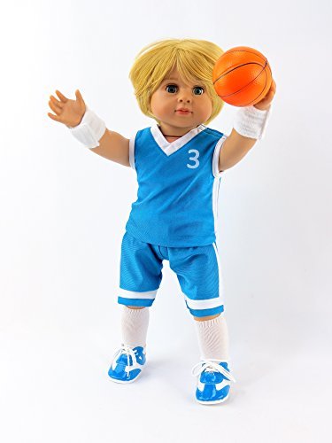 American Fashion World Boys Blue Basketball Uniform for 18-Inch Dolls | Accessories Included | enhanced Quality & Trendy Design | Dolls Clothes | Outfit Fashions for Dolls for Popular Brands