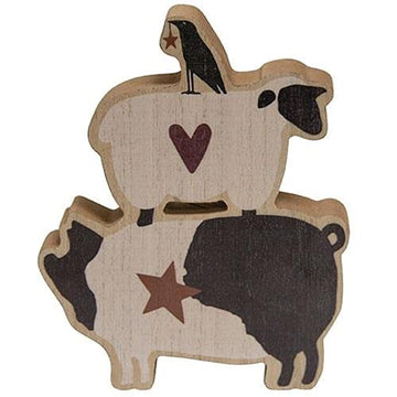 Hearthside Wood Animal Critter Stack Chunky Shelf Sitter - Crow Sheep Pig - Farmhouse Rustic Distressed Primitive