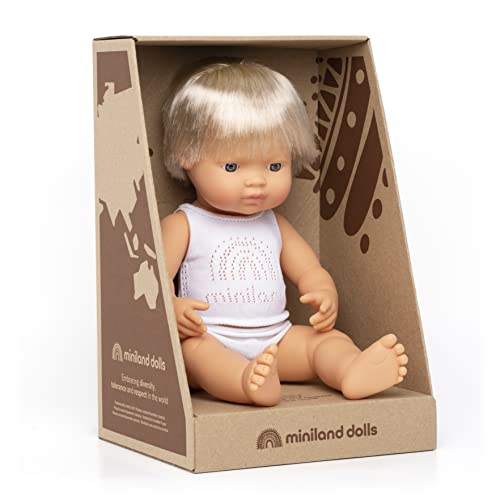 Miniland Doll 15'' Caucasian Blond Boy (Box) - Made In Spain, Anatomically Correct, Quality, Inclusion