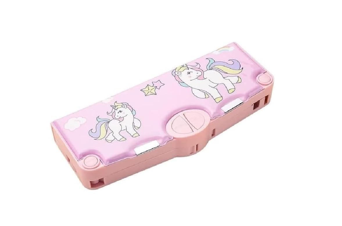 Gknex Unicorn Magnetic Pencil Case For Kids  Buttons Operated Stationery Box, Art & School Supplies Organizer For Boys & Girls,