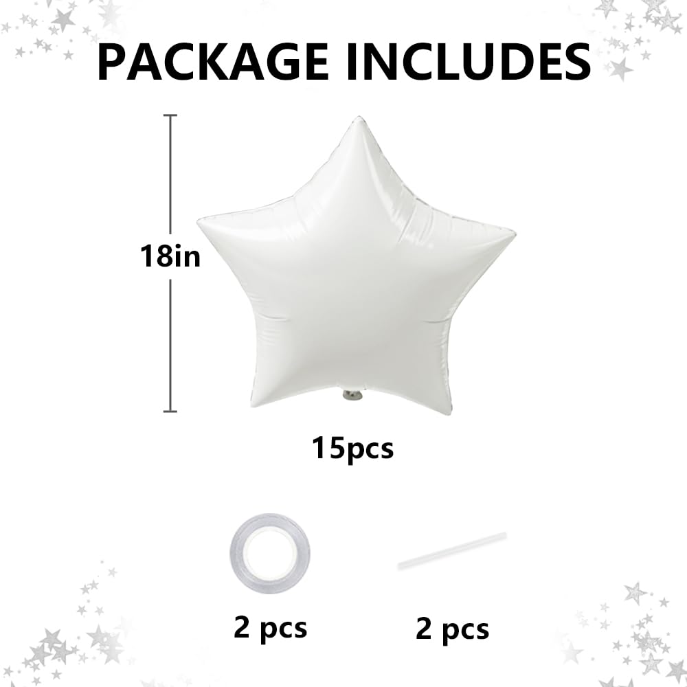 TONIFUL 15Pcs 18 Inch Large White Star Shape Foil Balloons Big White Stars Helium Mylar Ballons for Birthday Wedding Baby Shower