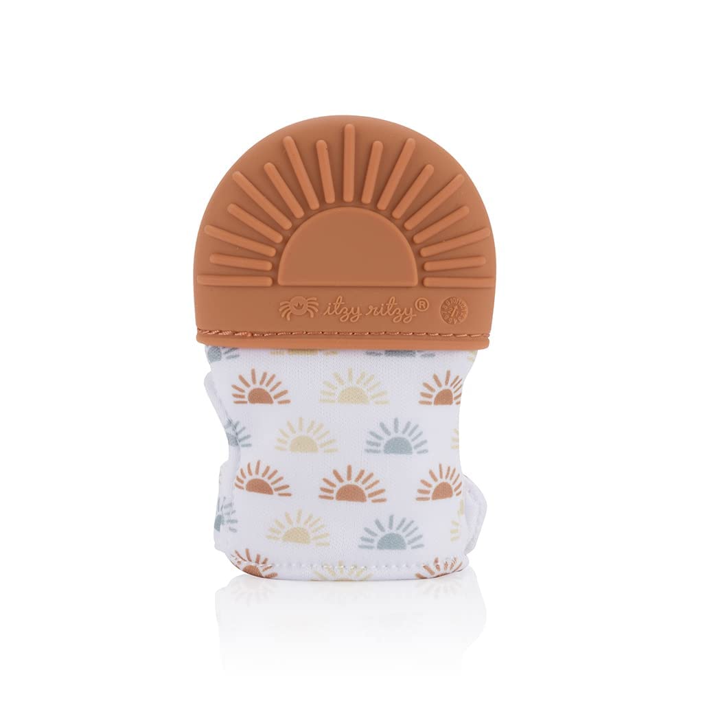 Itzy Ritzy Silicone Teething Mitt - Soothing Infant Teething Mitten With Adjustable Strap, Crinkle Sound And Textured Silicone To Soothe Sore And Swollen Gums, Terracotta Sun (Mitt8491)