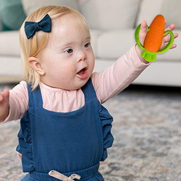 Infantino Lil' Nibbles Textured Silicone Baby Teether - Sensory Exploration And Teething Relief With Easy To Hold Handles, Orange Carrot, 0+ Months