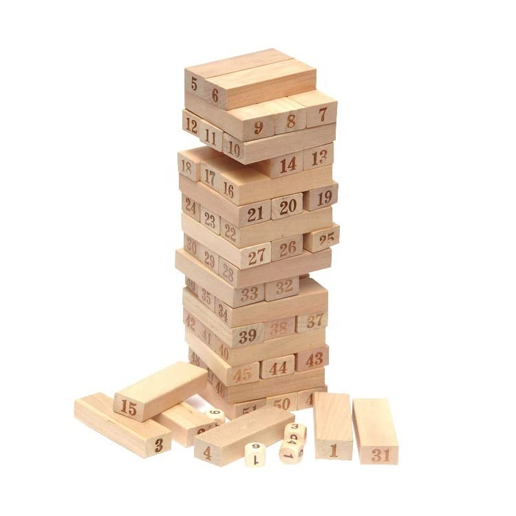 Pulsbery Timber Tower Wooden Block For Kids 54 Pieces Numbered Classic Wooden Block Stacking Game With 2 Dices, Giant Toppling, 