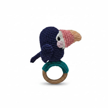 Sycamore East Handmade Crochet Baby Teether - Toucan Bird Rattle With Wooden Ring, Cotton Yarn, Soft & Safe For Teething Infants