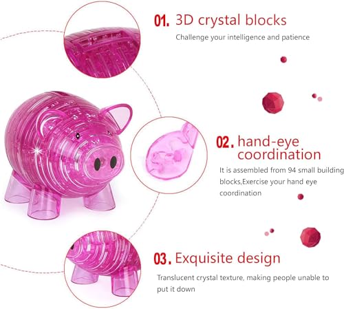 BTYYIHEX 3D Crystal Pig Puzzle Bank, 94PCS, Plastic, Pink, Brain Teaser for Ages 16+