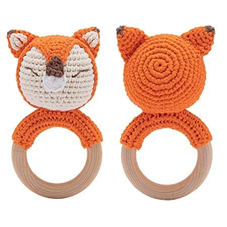 Wooden Baby Rattle Crochet Fox Baby Toys Handmade Newborn Toy Early Development Grips Stuffed Animal Organic Rattle