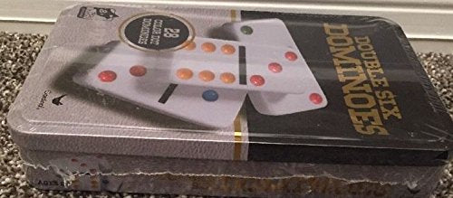 Cardinal Double Six Color Dot Dominoes Set in Ivory Collectors Tin, Model 8875, 28 Plastic Dominoes
