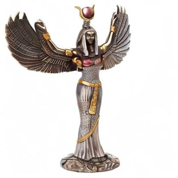 Egyptian Theme Isis Mythological Bronze Finish Figurine With Open Wings Goddess of Magic Statue Sculpture