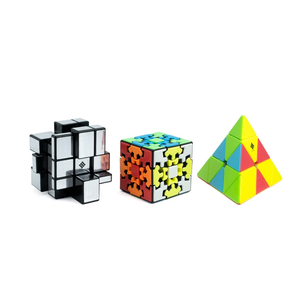 Cubelelo Drift Gear, Mirror (Silver) & Pyraminx Combo Stickerless | Unique Speedcube Set For Kids & Adults | Smooth & Durable Pu