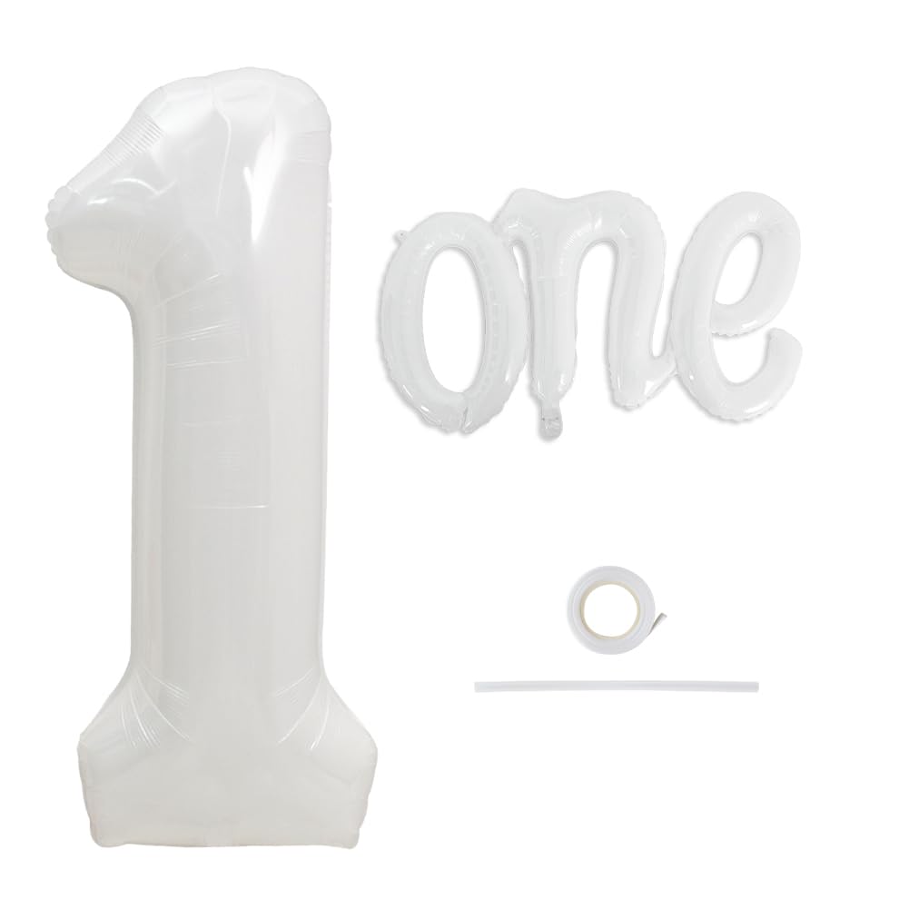 Toniful 40 Inch Giant White Number 1 Balloon,Mylar Foil Script Cursive Letter 1 Balloon Banner For Boys Girls Kids First Birthda