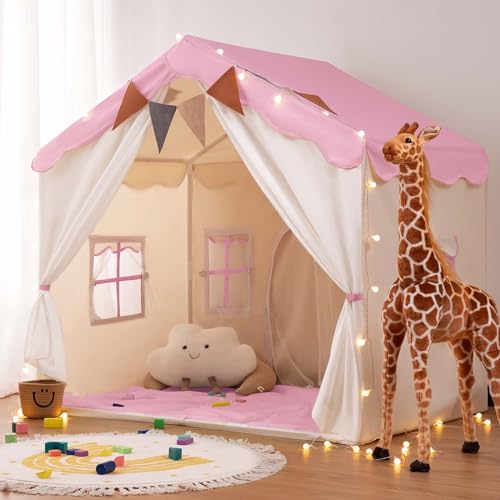 Besrey Kids Play Tent, Kids Playhouse 2 In 1 With Padded Mat And Lights, Large Play Tent With 2 Doors & 4 Windows, Kids Play Tent Indoor & Outdoor, Christmas Toddler Tent For Kids, 51' X35' X 51'