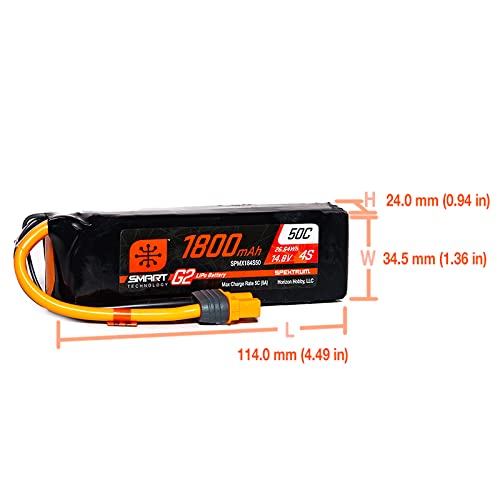 Spektrum 14.8V 1800mAh 4S 50C Smart G2 LiPo Battery: IC3, SPMX184S50, Multicolor